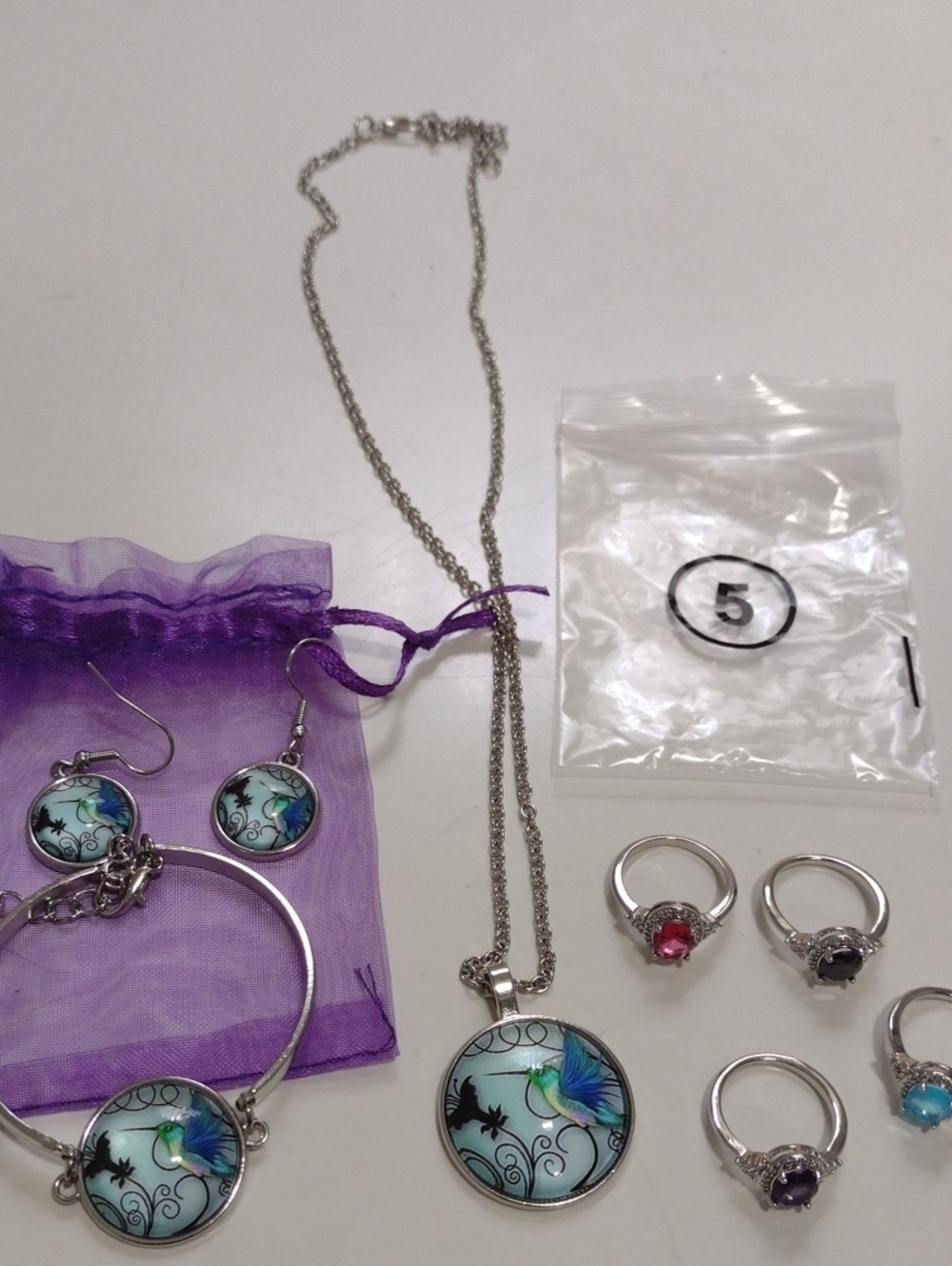 NEW Silver Hummingbird Jewelry Set Necklace Earrings Bracelet Rings